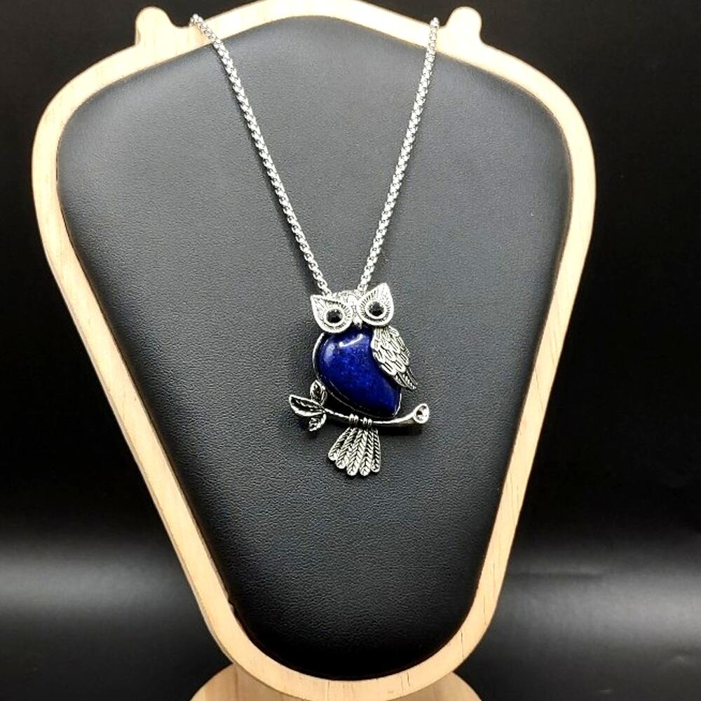 Silver Blue Dye Agate Owl Necklace Women's Boho Vtg Fashion Bird Jewelry Gift